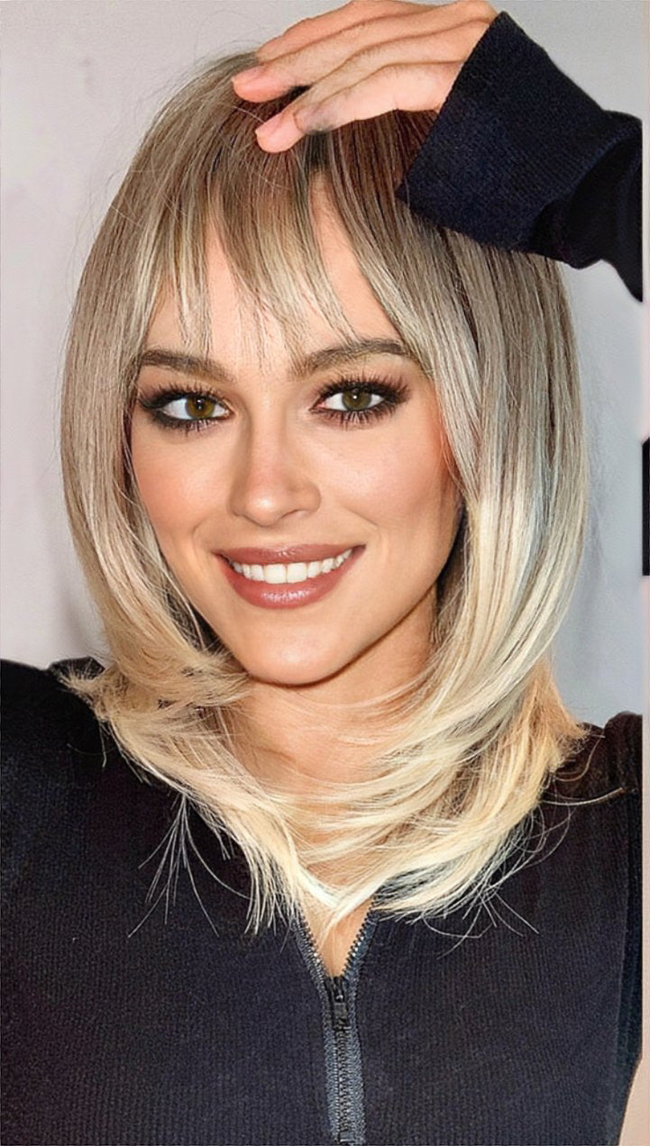 Layered Beigey Blonde to Light Blonde Straight Bob With Bangs Heat Resistant Fiber