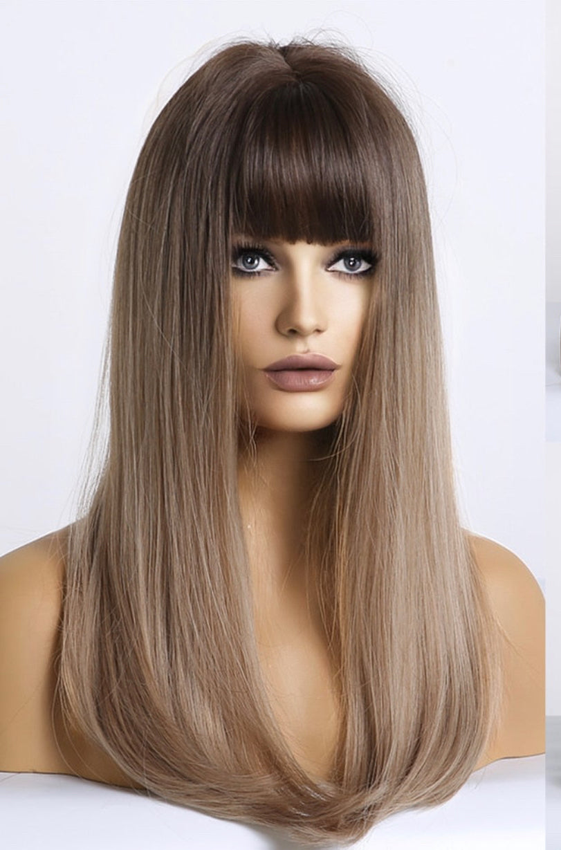 Shoulder Length Straight Ombre Black to Blonde Synthetic Wig Hair Wigs with Bangs Heat Resistant Fiber