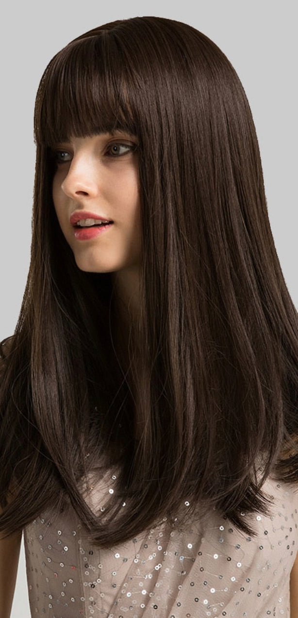 Mika Full Bang Black Brown Medium Straight Bob Synthetic with Bangs Heat Resistant Fibers