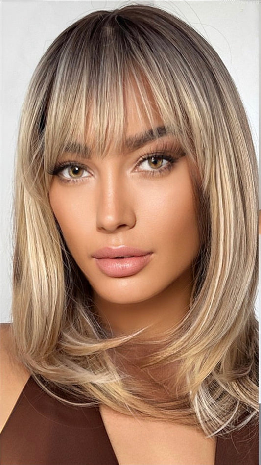 Rooted Blonde Lob Straight Bob Synthetic Wig Hair Wigs with Bangs Heat Resistant Fiber