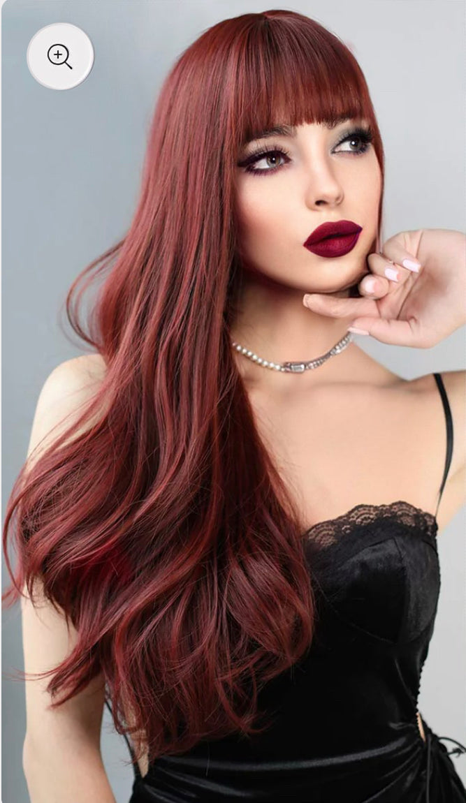 Kindle Beautiful Burgundy Wig Long Loose Waves Hair Wig for Women with Bangs Heat Resistant Fiber