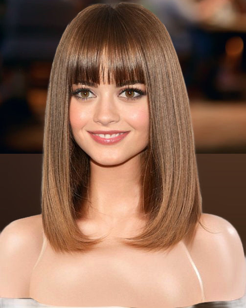 Lena Full Bang Light Brunette Medium Straight Bob Synthetic Heat Resistant Wig with Bangs Heat Resistant Fibers