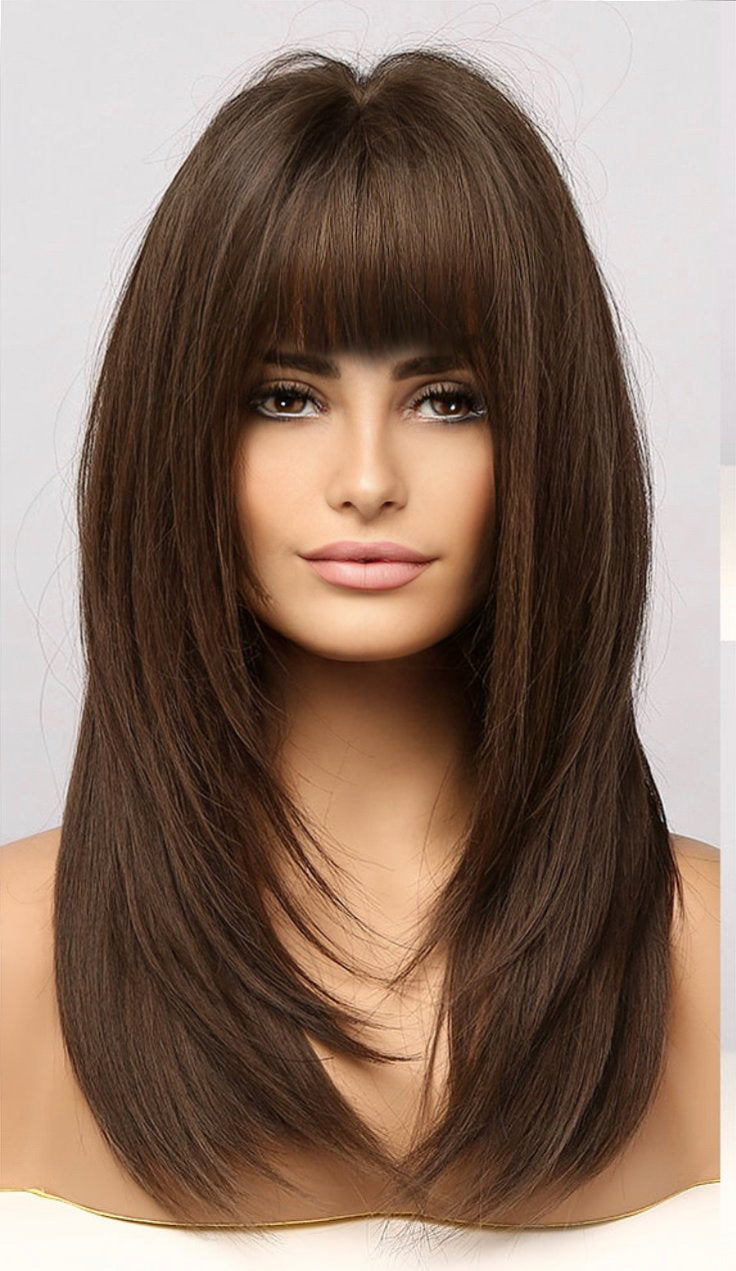 Norah Medium Ginger Brown Lots of Layers Full Bangs Straight Bob Synthetic Wig Hair Cosplay Party Lolita Women Girls Wigs with Bangs Heat Resistant Fibre