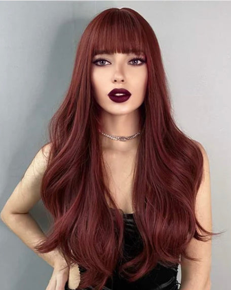 Kindle Beautiful Burgundy Wig Long Loose Waves Hair Wig for Women with Bangs Heat Resistant Fiber