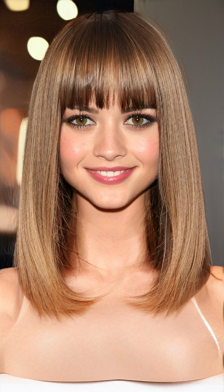 Lena Full Bang Light Brunette Medium Straight Bob Synthetic Heat Resistant Wig with Bangs Heat Resistant Fibers