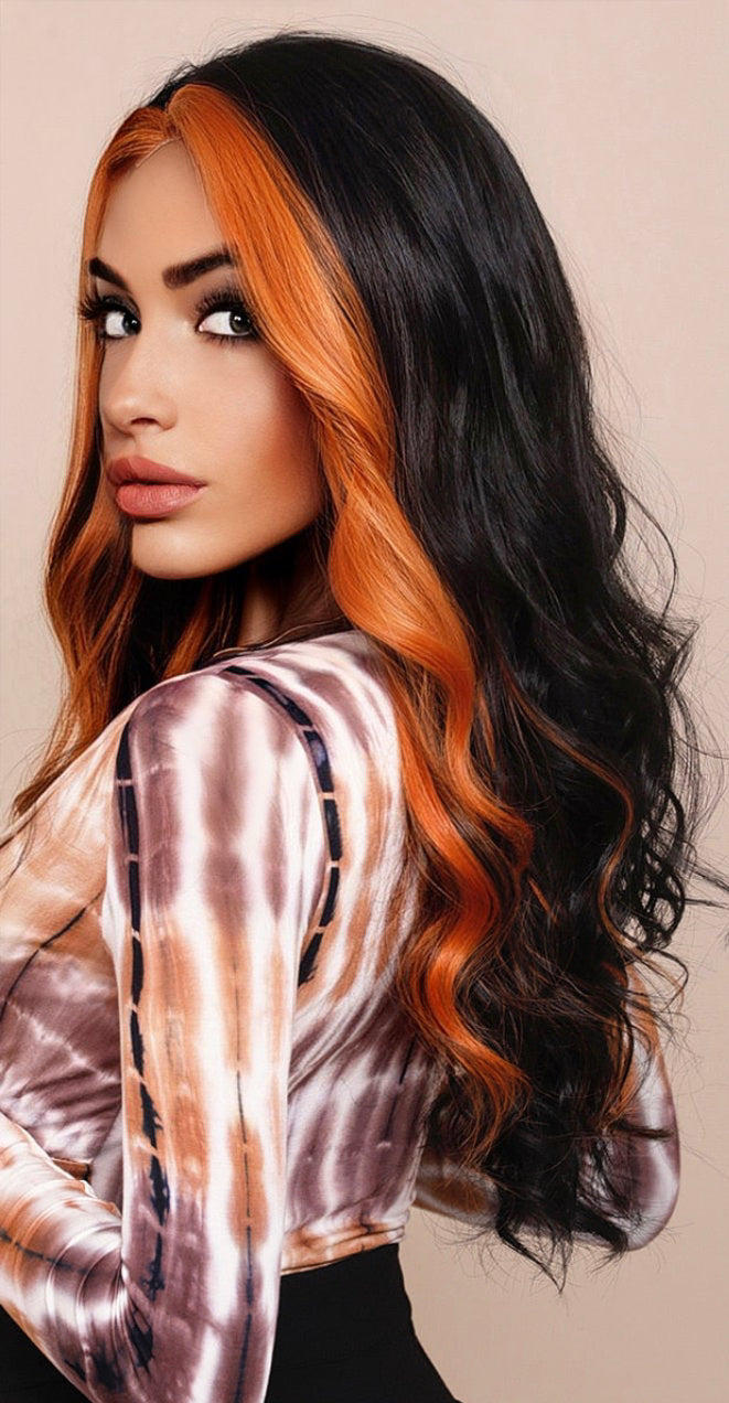 Theresa Orange And Black Money Piece Wig Wavy Wig Long Curly Hair Wig for Women with Bangs Heat Resistant Fiber Synthetic