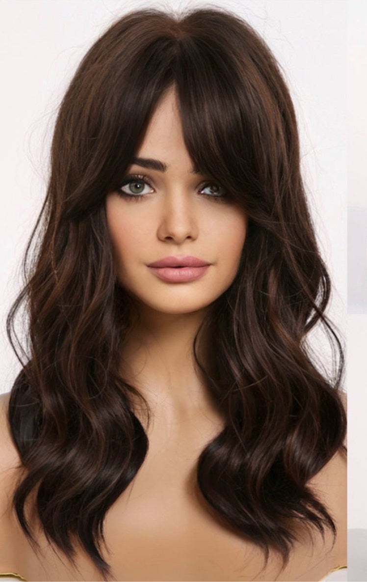 Wavy Auburn Medium Length Ocean Wave Lob With Bangs Synthetic Heat Resistant Fiber