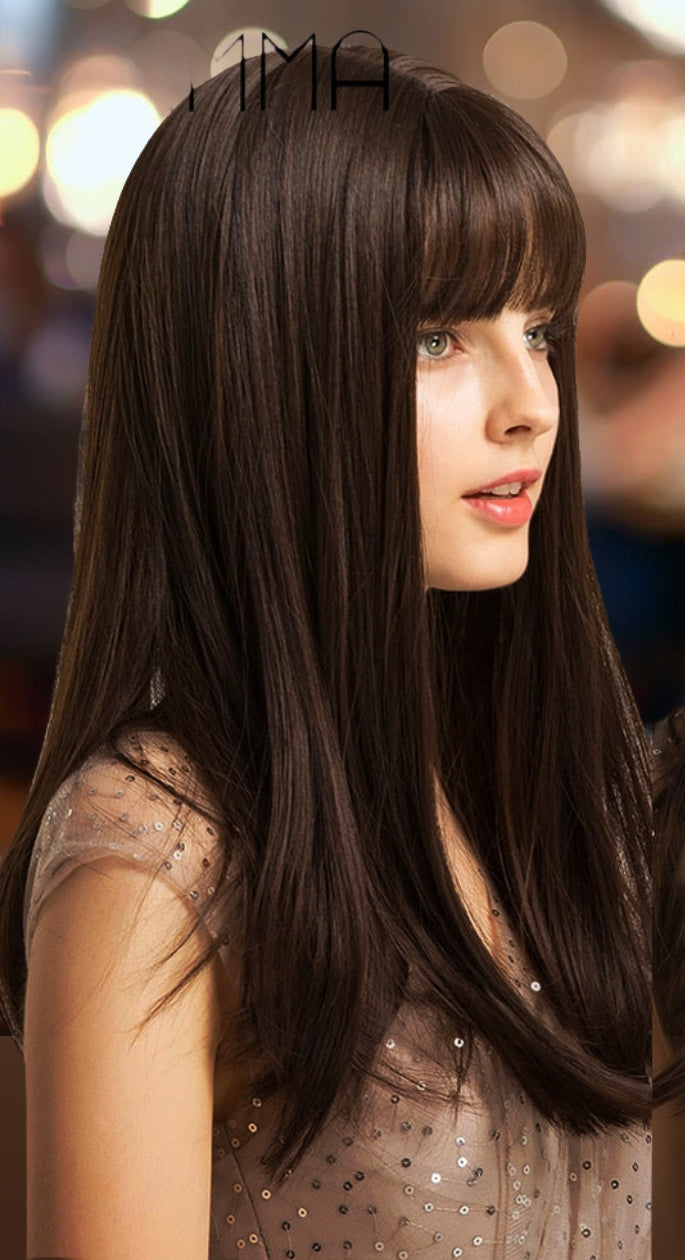 Mika Full Bang Black Brown Medium Straight Bob Synthetic with Bangs Heat Resistant Fibers