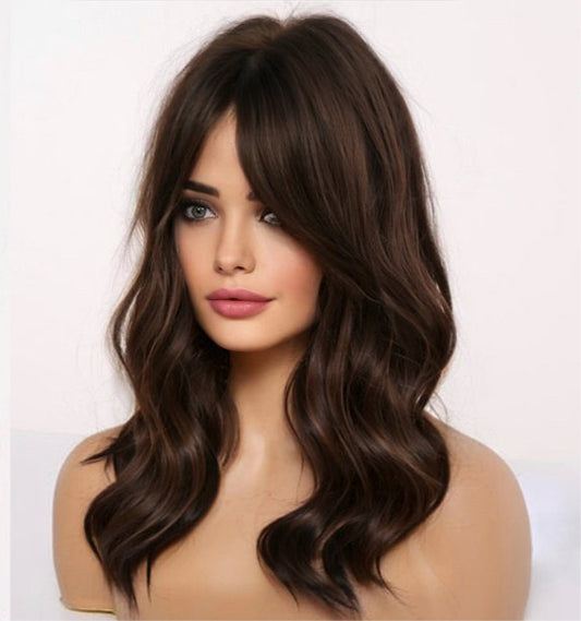 Wavy Auburn Medium Length Ocean Wave Lob With Bangs Synthetic Heat Resistant Fiber